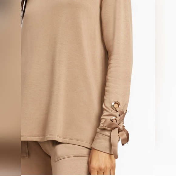 New York & Company Dreamy Fleece Off-The-Shoulder Lace-Up Cuff Top XS Coco Beach - Picture 6 of 6